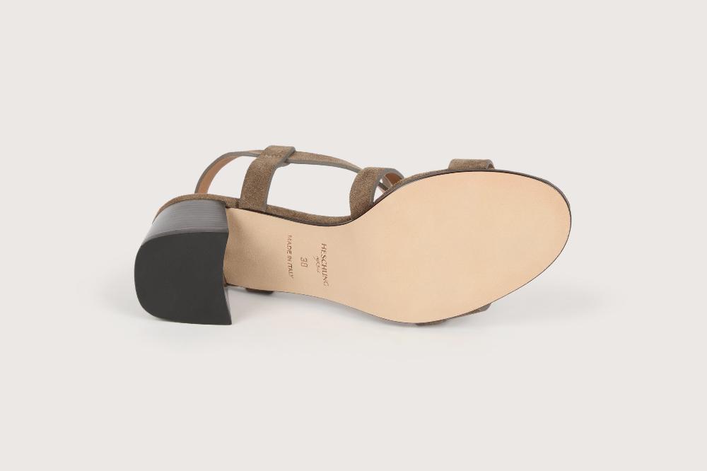 Heschung Sandale à Talon Intemporelle Femme En Cuir Velours Gris Montée Sur Une Semelle En Cuir