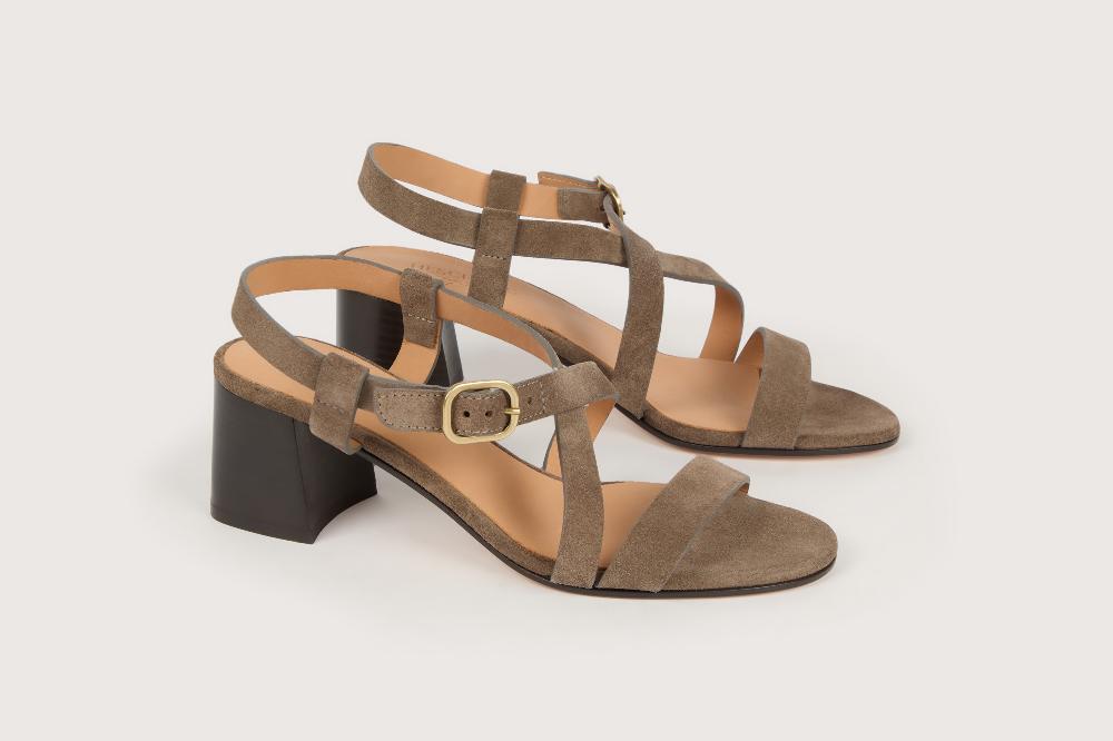 heschung Sandale à talon intemporelle femme en cuir velours gris montée sur une semelle en cuir