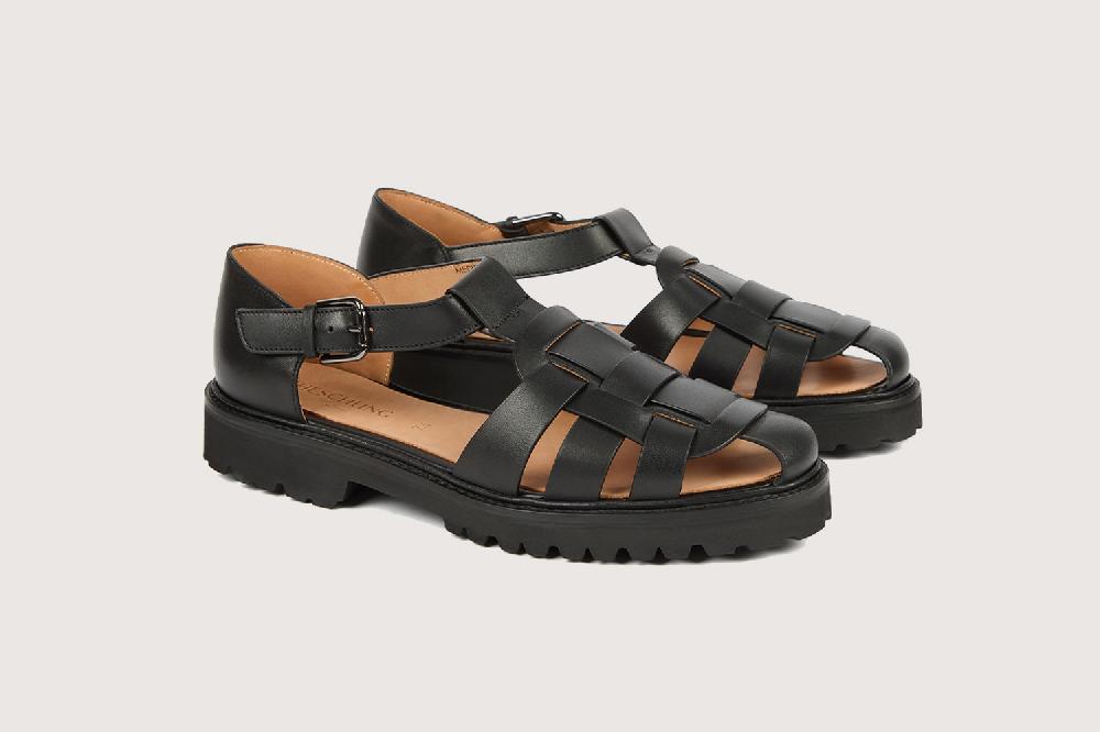 heschung Sandale méduse intemporel homme en cuir de veau noir sur semelle gomme