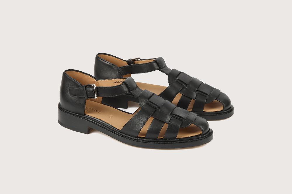 heschung Sandale méduse intemporelle femme en cuir de veau noir sur semelle cuir