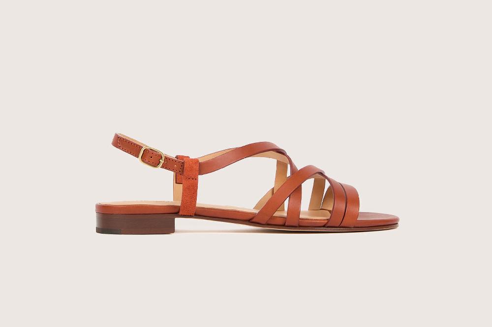 Heschung Sandale Plate Intemporelle Femme En Cuir De Vachette Sienne Sur Semelle Cuir