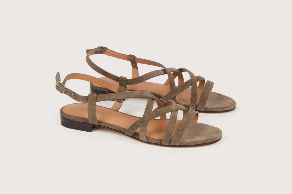 heschung Sandale plate intemporelle femme en cuir de veau souris sur semelle cuir