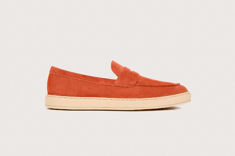 Heschung Sneakers Homme En Veau Velours Orange Sur Une Semelle En Gomme élégantes Et Confortables