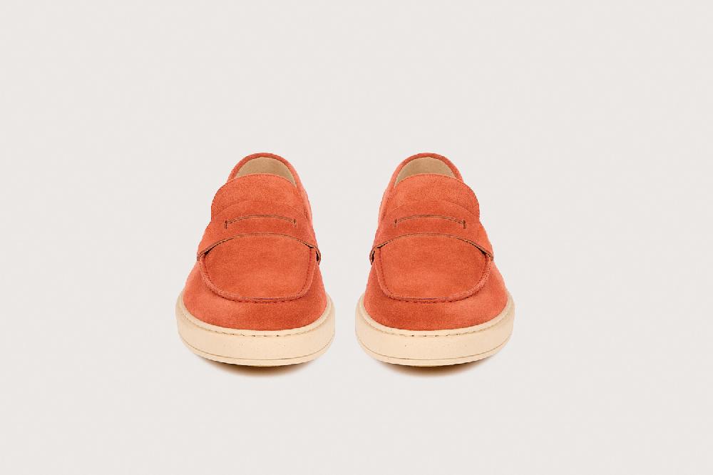 Heschung Sneakers Homme En Veau Velours Orange Sur Une Semelle En Gomme élégantes Et Confortables