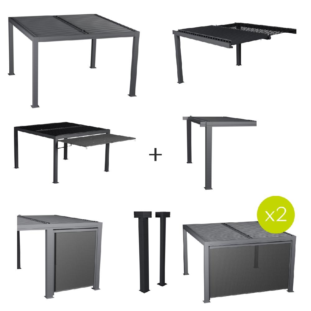 hesperide Ensemble pergola MAJAÉ avec 2 extensions 1 kit de poteaux 3 stores et 1 auvent
