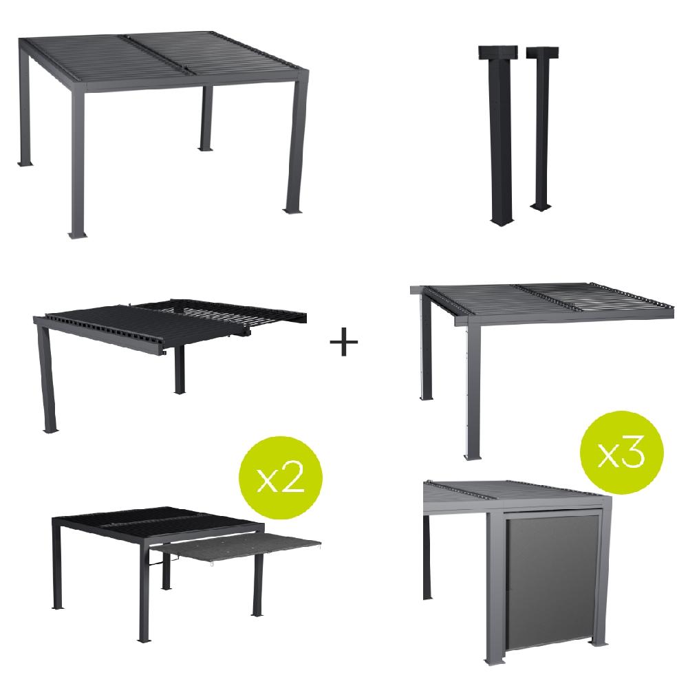 hesperide Ensemble pergola MAJAÉ avec 2 extensions 1 kit de poteaux 3 stores et 2 auvents