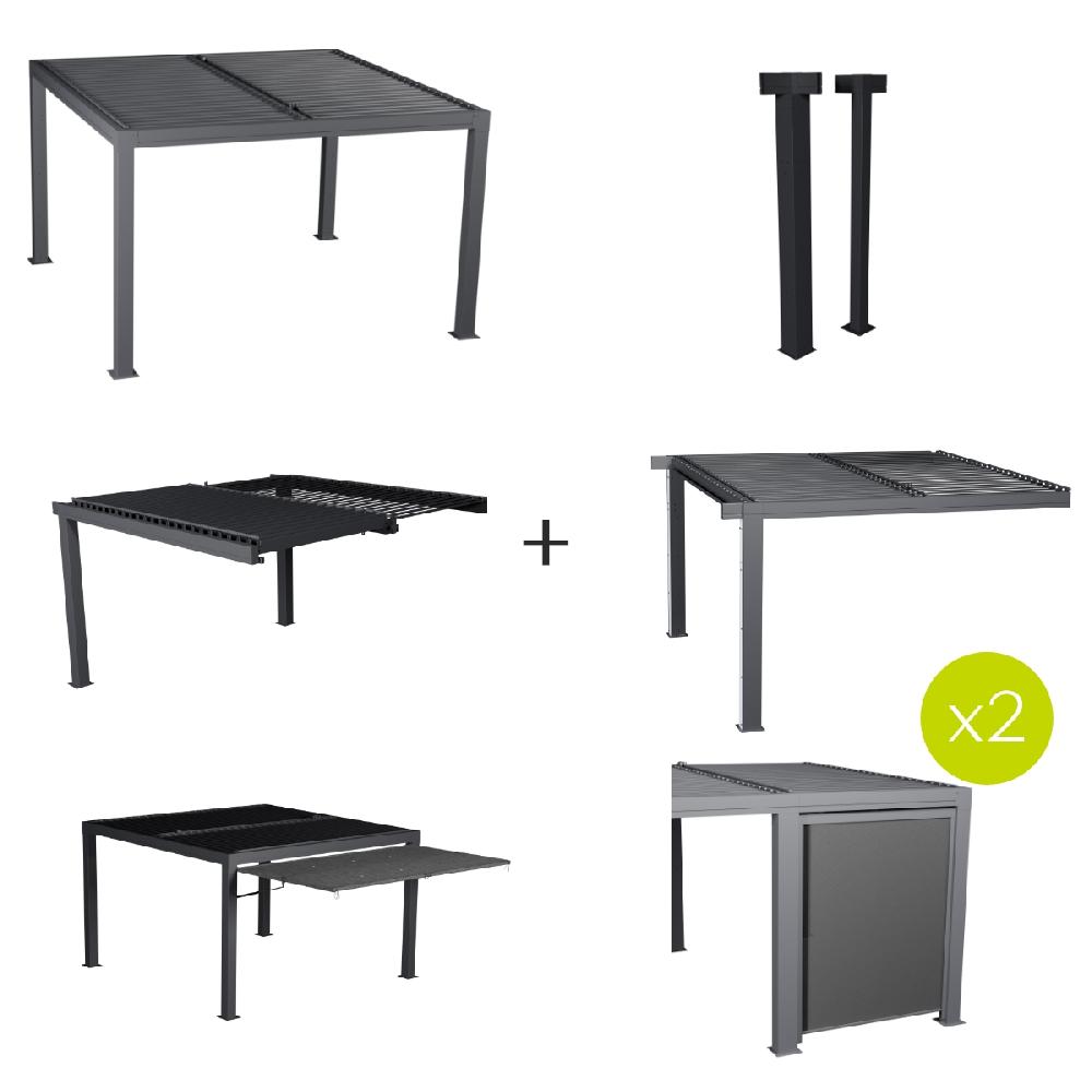 hesperide Ensemble pergola MAJAÉ avec 2 extensions 1 kit de poteaux 2 stores et 1 auvent