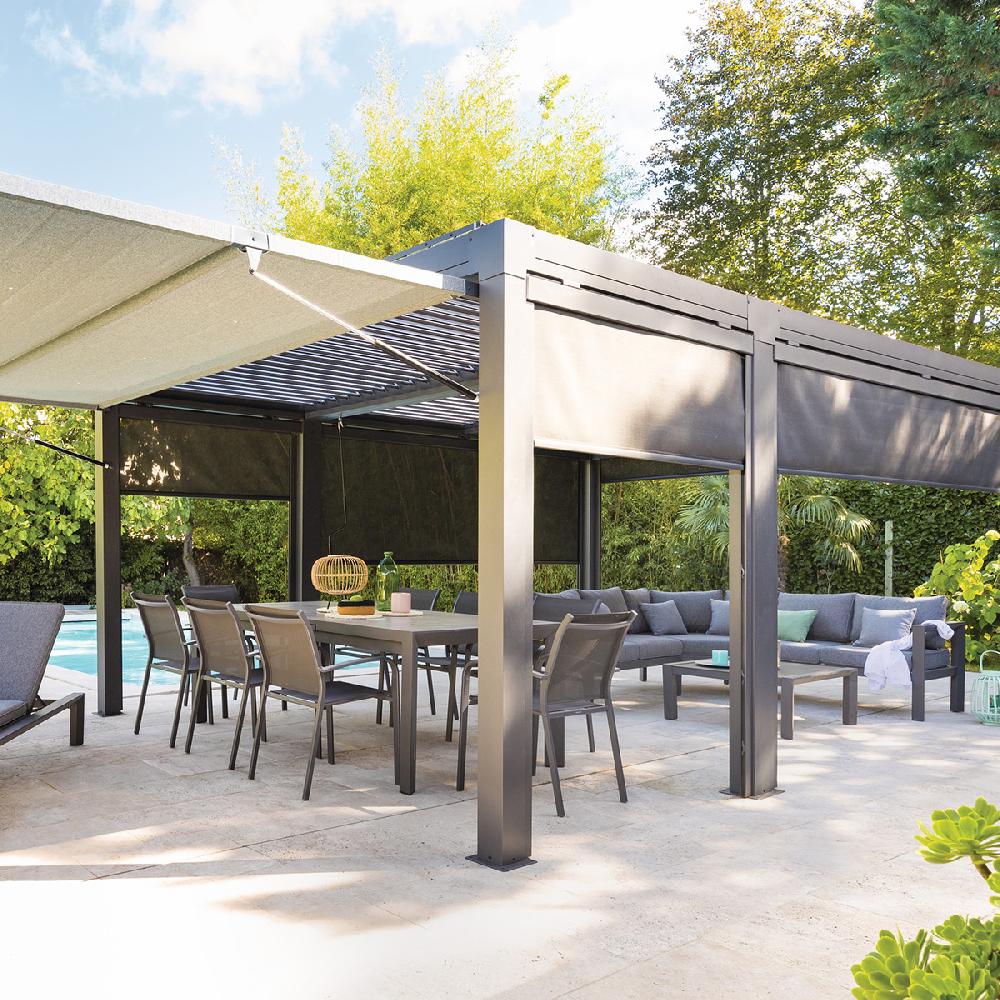 hesperide Ensemble pergola MAJAÉ avec demi-extension 5 stores et 1 auvent