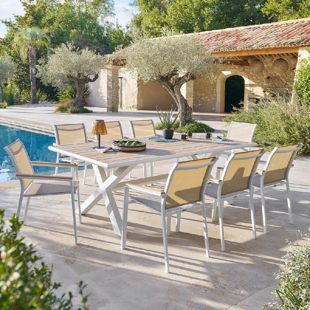 hesperide Ensemble table de jardin AXIOME + 8 fauteuils empilables ESSENTIA Blanc