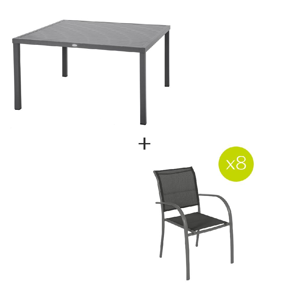 Hesperide Ensemble Table De Jardin Carrée + 8 Fauteuils Empilables PIAZZA Graphite