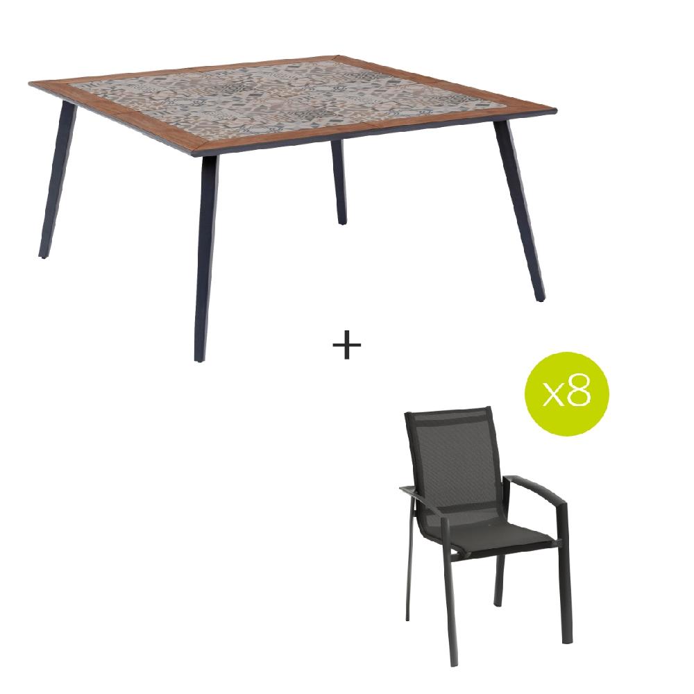 hesperide Ensemble table de jardin carrée LAMBADA + 8 chaises empilables AXANT Graphite