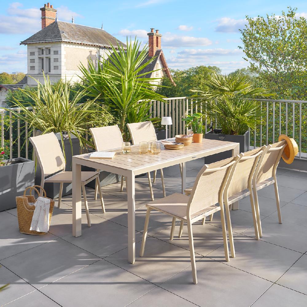 hesperide Ensemble table de jardin ÉVASION + 6 chaises empilables ESSENTIA Lin & Argile