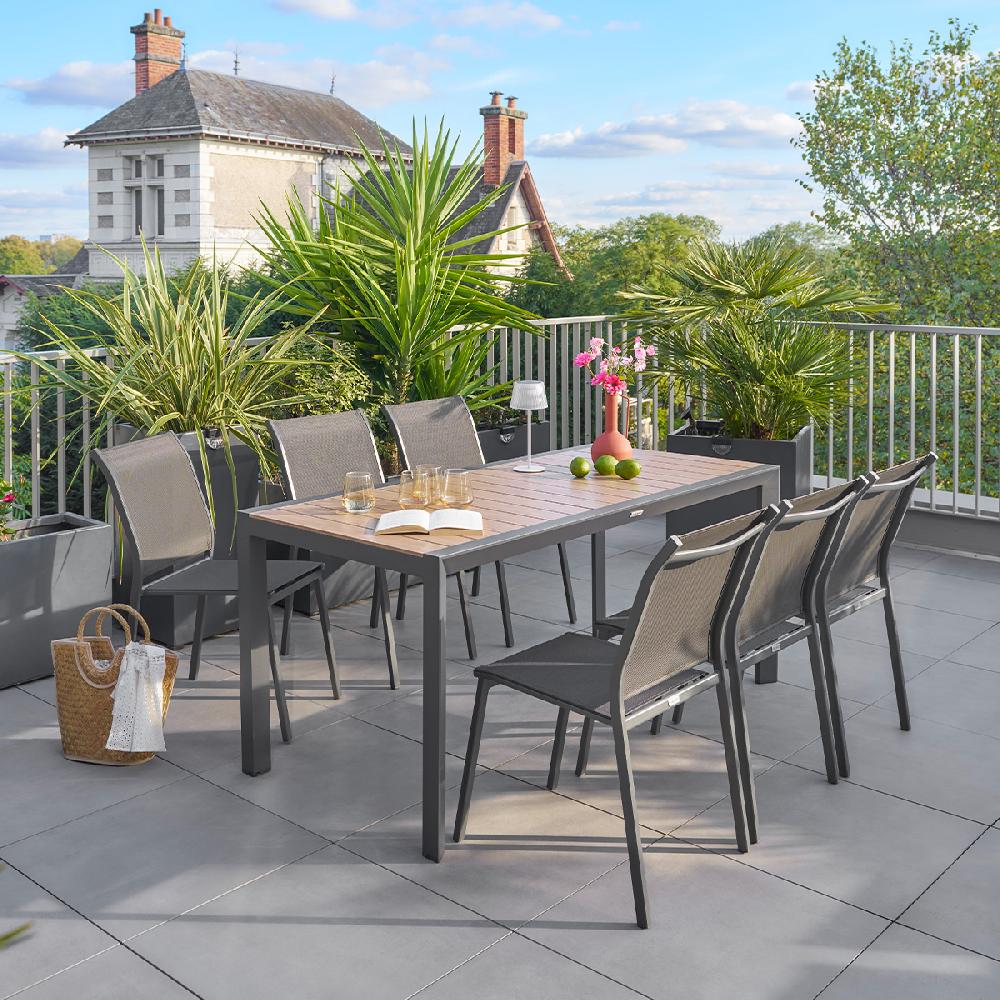Hesperide Ensemble Table De Jardin ÉVASION + 6 Chaises Empilables ESSENTIA Graphite