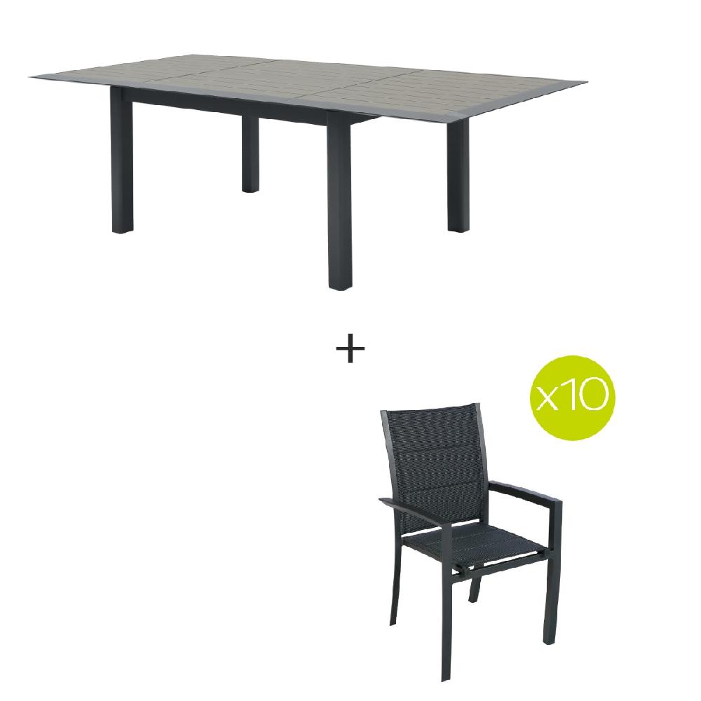 hesperide Ensemble table de jardin extensible + 10 fauteuils empilables ALLURE Muscade & Graphite