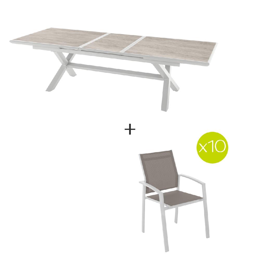 Hesperide Ensemble Table De Jardin Extensible + 10 Fauteuils Empilables AXIOME Sépia & Blanc