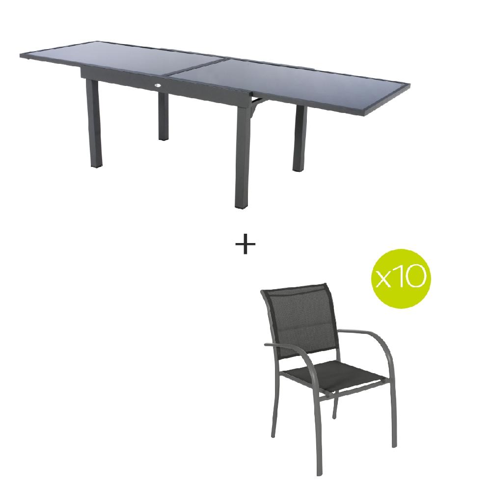 Hesperide Ensemble Table De Jardin Extensible + 10 Fauteuils Empilables PIAZZA Graphite
