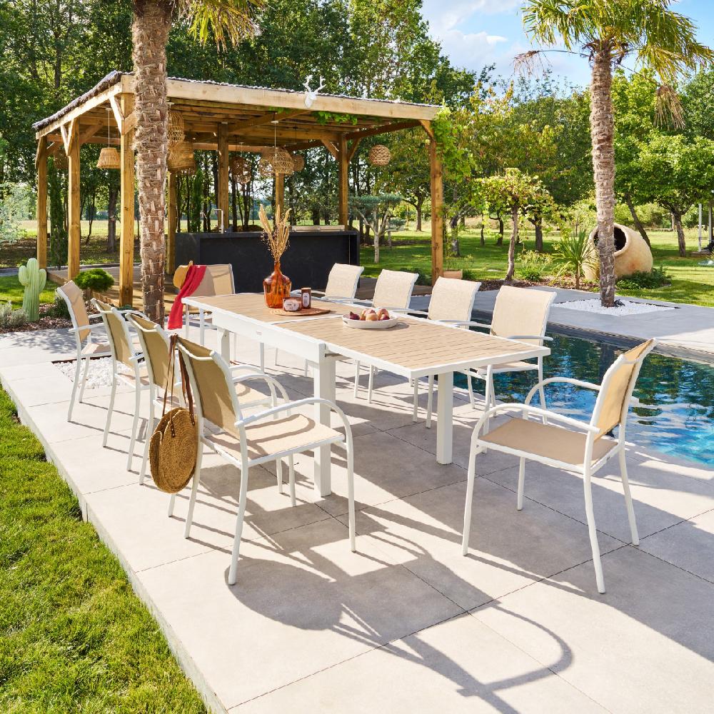 hesperide Ensemble table de jardin extensible + 10 fauteuils empilables PIAZZA Lin & Blanc