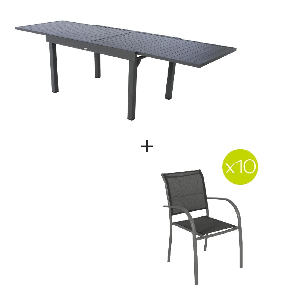 Hesperide Ensemble Table De Jardin Extensible + 10 Fauteuils PIAZZA Graphite