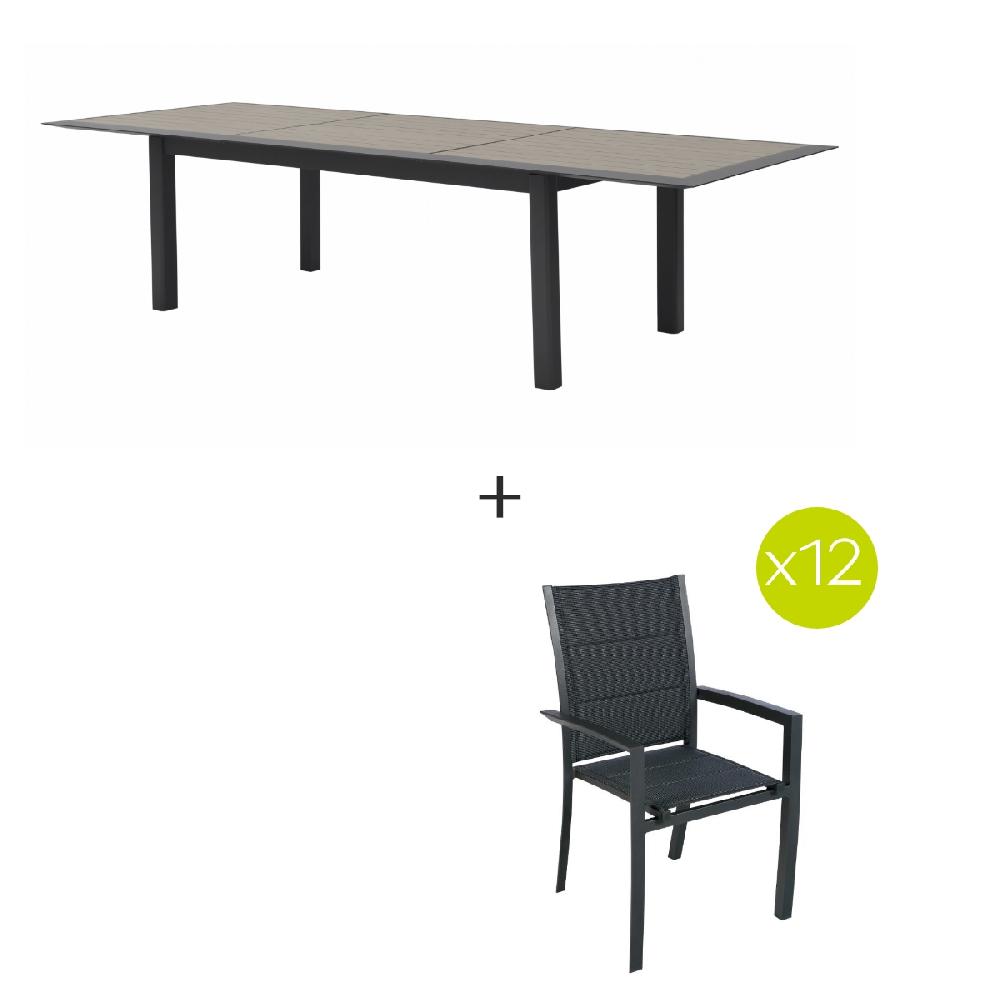 hesperide Ensemble table de jardin extensible + 12 fauteuils empilables ALLURE Muscade & Graphite