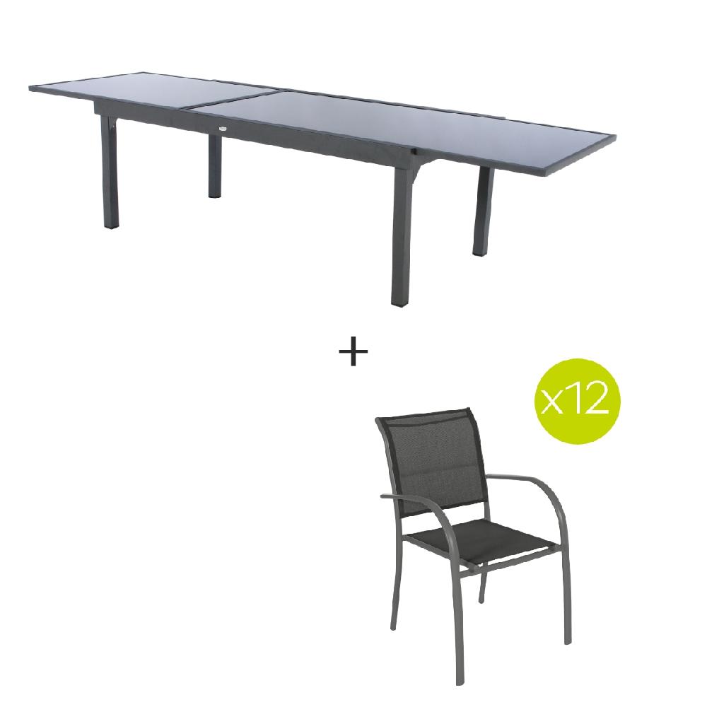 hesperide Ensemble table de jardin extensible + 12 fauteuils empilables PIAZZA Graphite