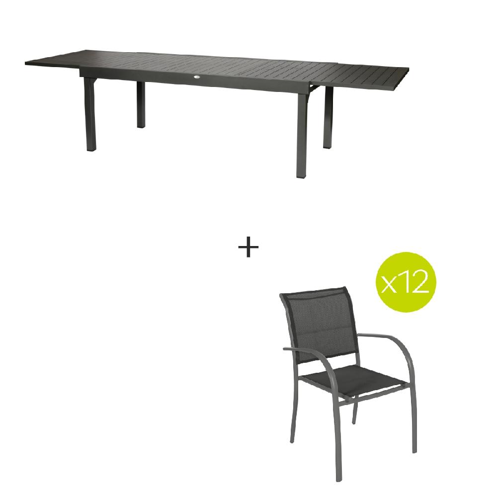 Hesperide Ensemble Table De Jardin Extensible + 12 Fauteuils Empilables PIAZZA Graphite
