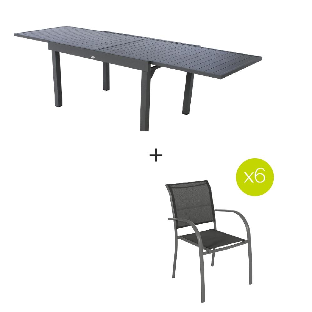 hesperide Ensemble table de jardin extensible + 6 fauteuils empilables PIAZZA Graphite