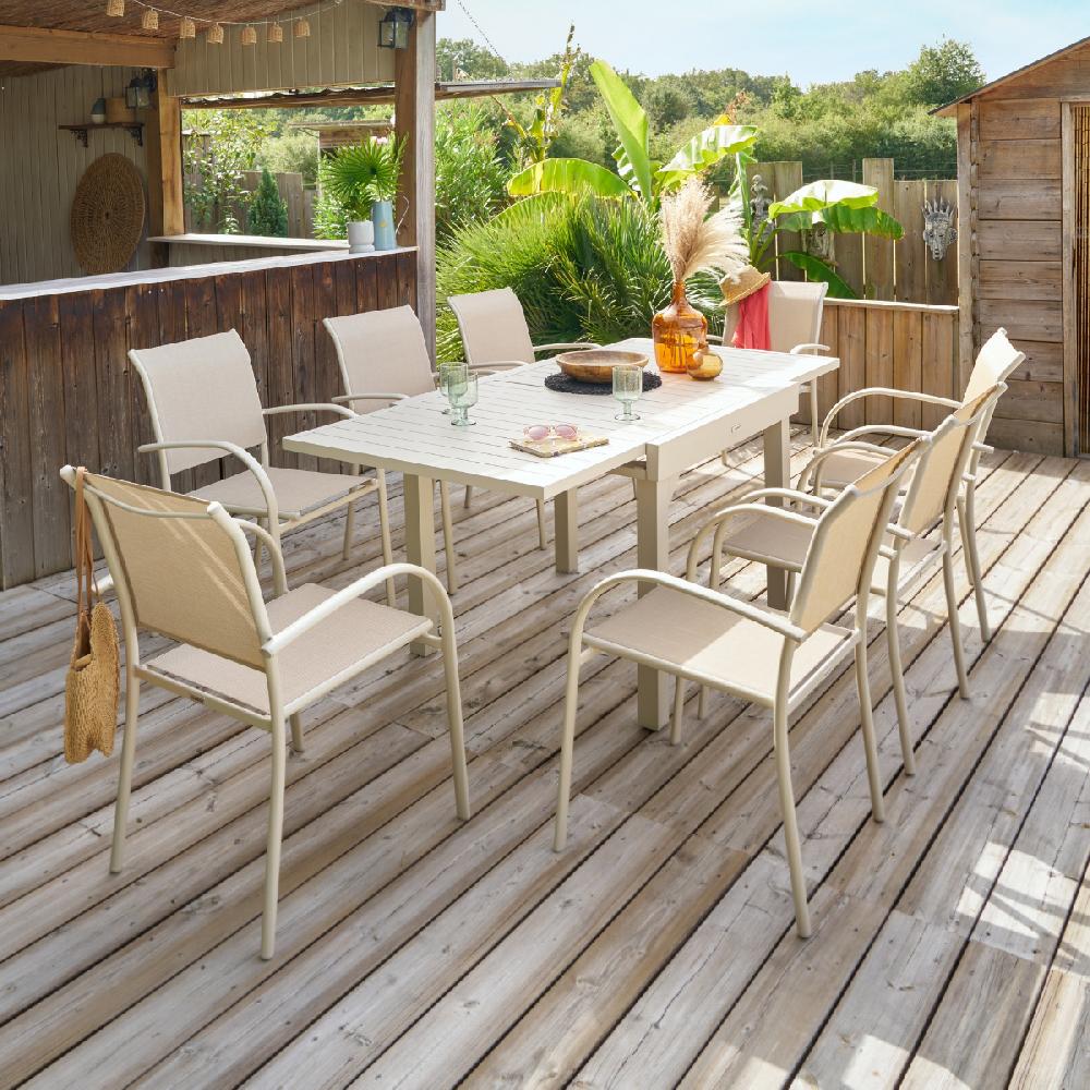 Hesperide Ensemble Table De Jardin Extensible + 8 Fauteuils Empilables PIAZZA Argile