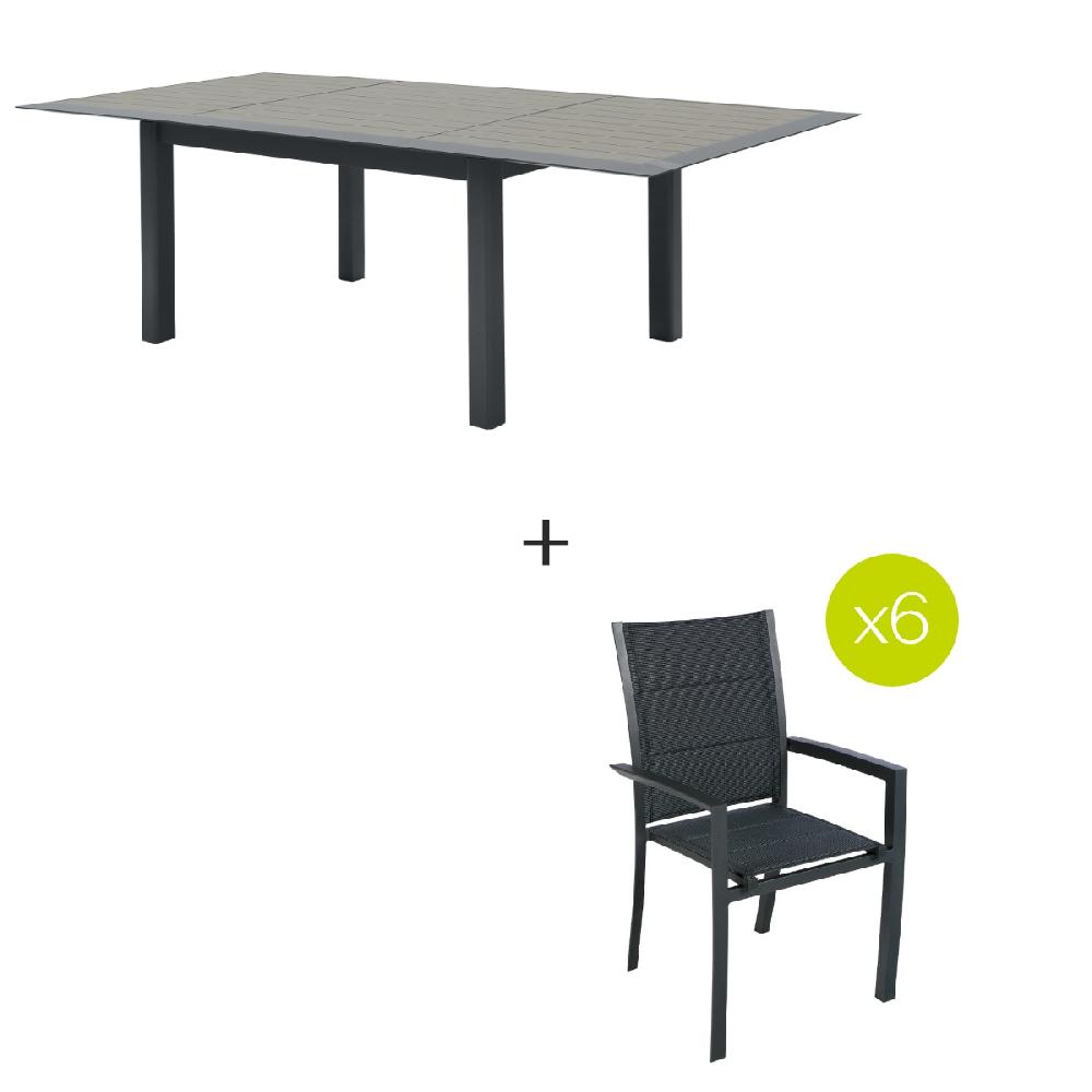 Hesperide Ensemble Table De Jardin Extensible ALLURE Effet Bois + 6 Fauteuils ALLURE Graphite