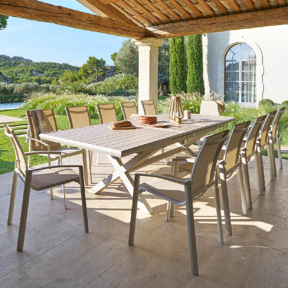 Hesperide Ensemble Table De Jardin Extensible AXIOME + 12 Fauteuils Empilables AXANT Lin & Argile