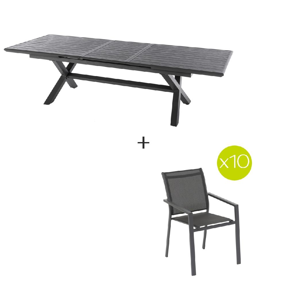 hesperide Ensemble table de jardin extensible AXIOME Ardoise granitée + 10 fauteuils empilables ESSENTIA