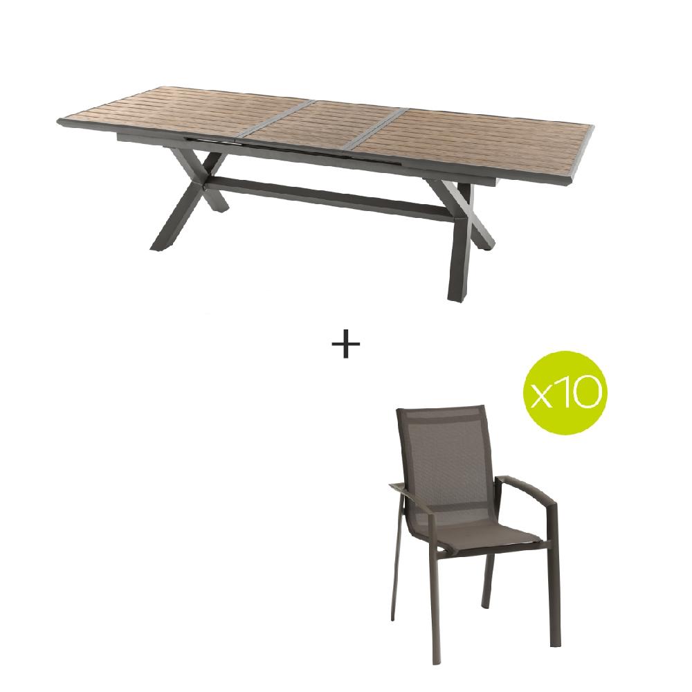 Hesperide Ensemble Table De Jardin Extensible AXIOME Effet Bois Honey + 10 Fauteuils AXANT Praline