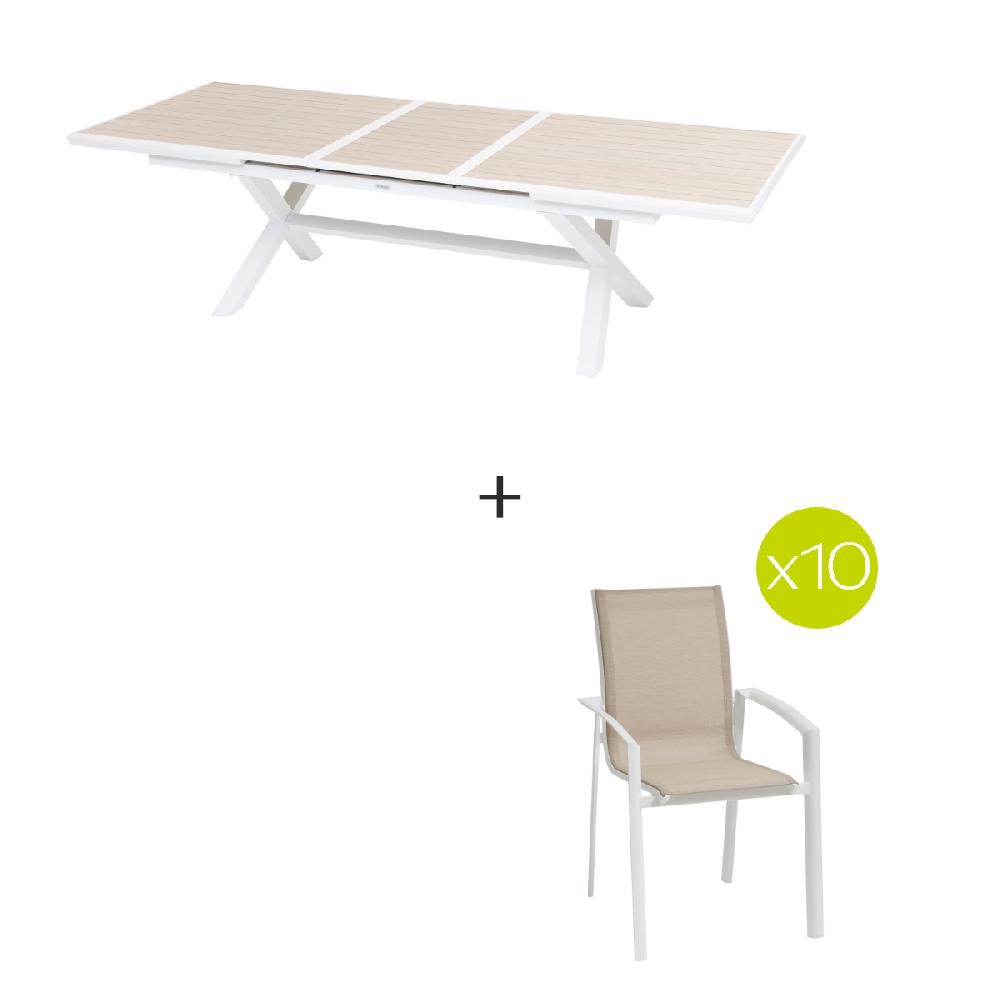Hesperide Ensemble Table De Jardin Extensible AXIOME Effet Bois + 10 Fauteuils AXANT Lin & Blanc