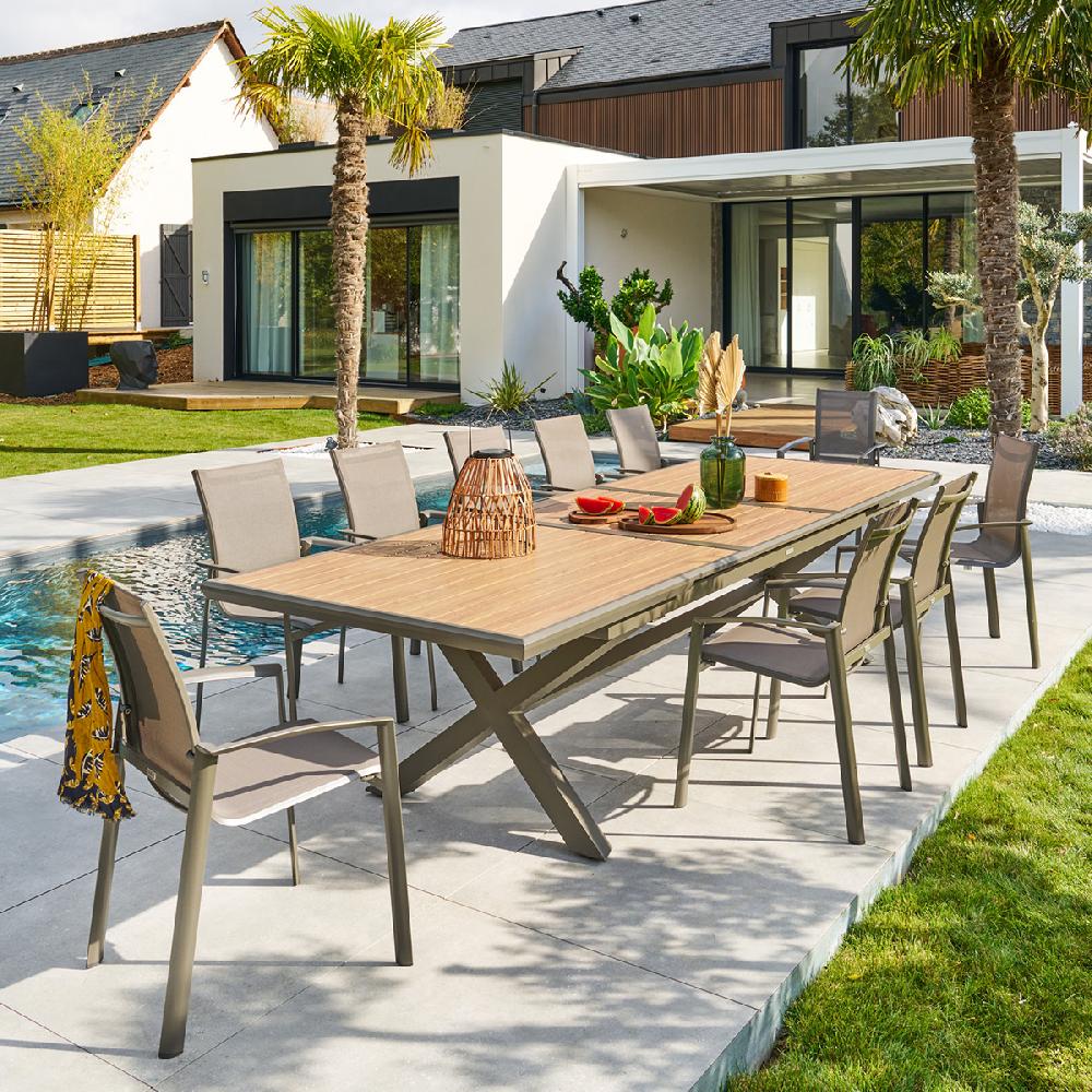 hesperide Ensemble table de jardin extensible AXIOME Effet bois + 10 fauteuils AXANT Praline