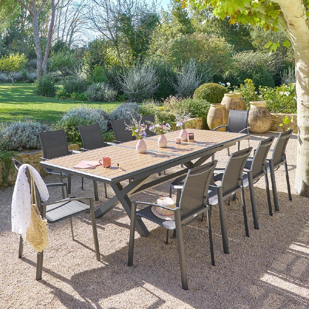 hesperide Ensemble table de jardin extensible AXIOME Effet teck Noix + 10 fauteuils AXANT Graphite