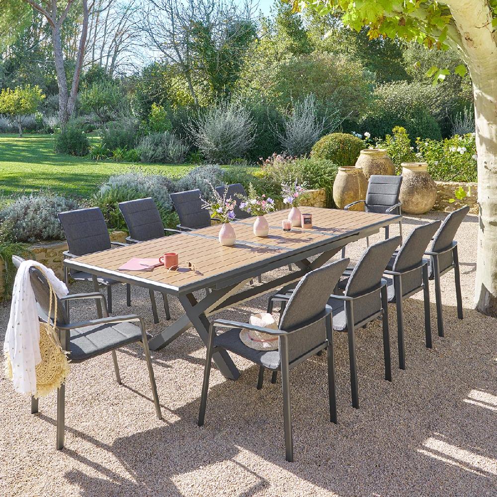hesperide Ensemble table de jardin extensible AXIOME Effet teck Noix + 10 fauteuils DIESE Graphite