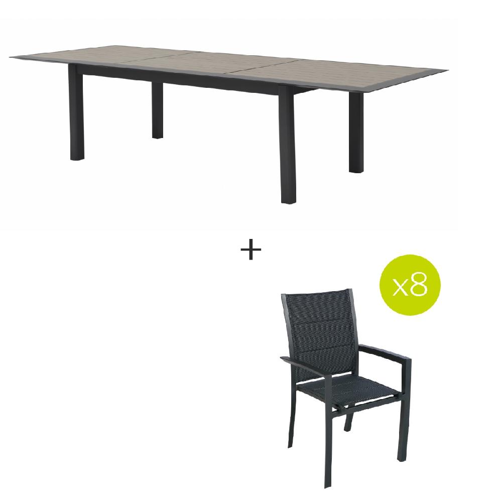 Hesperide Ensemble Table De Jardin Extensible Effet Bois + 8 Fauteuils ALLURE Graphite