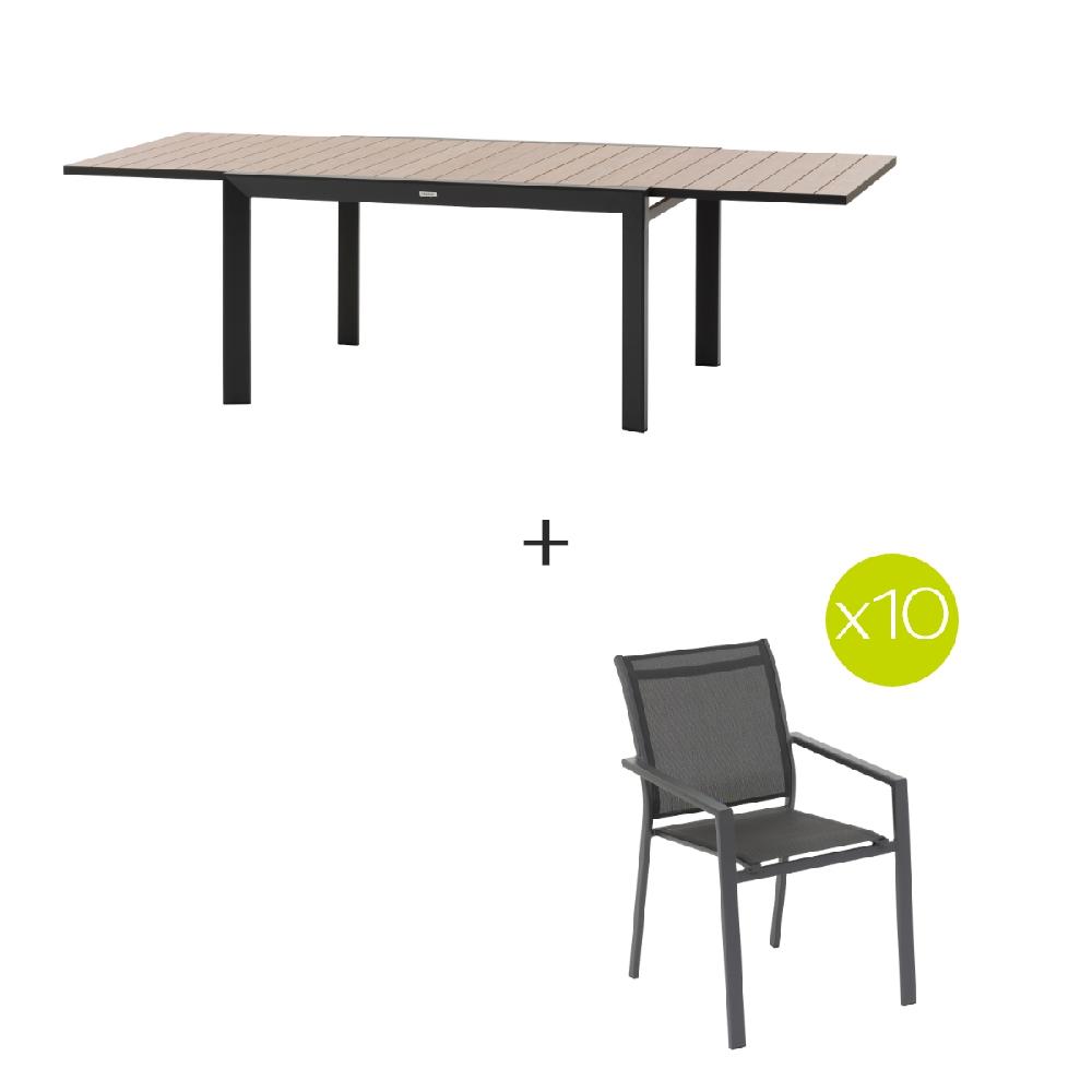 Hesperide Ensemble Table De Jardin Extensible ÉVASION + 10 Fauteuils Empilables ESSENTIA Graphite
