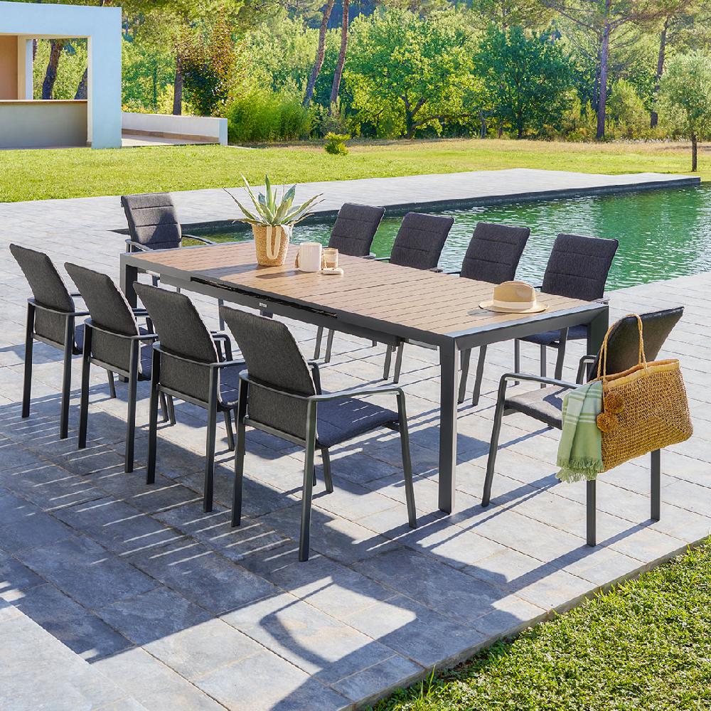 Hesperide Ensemble Table De Jardin Extensible ÉVASION + 10 Fauteuils Empilables DIESE Graphite