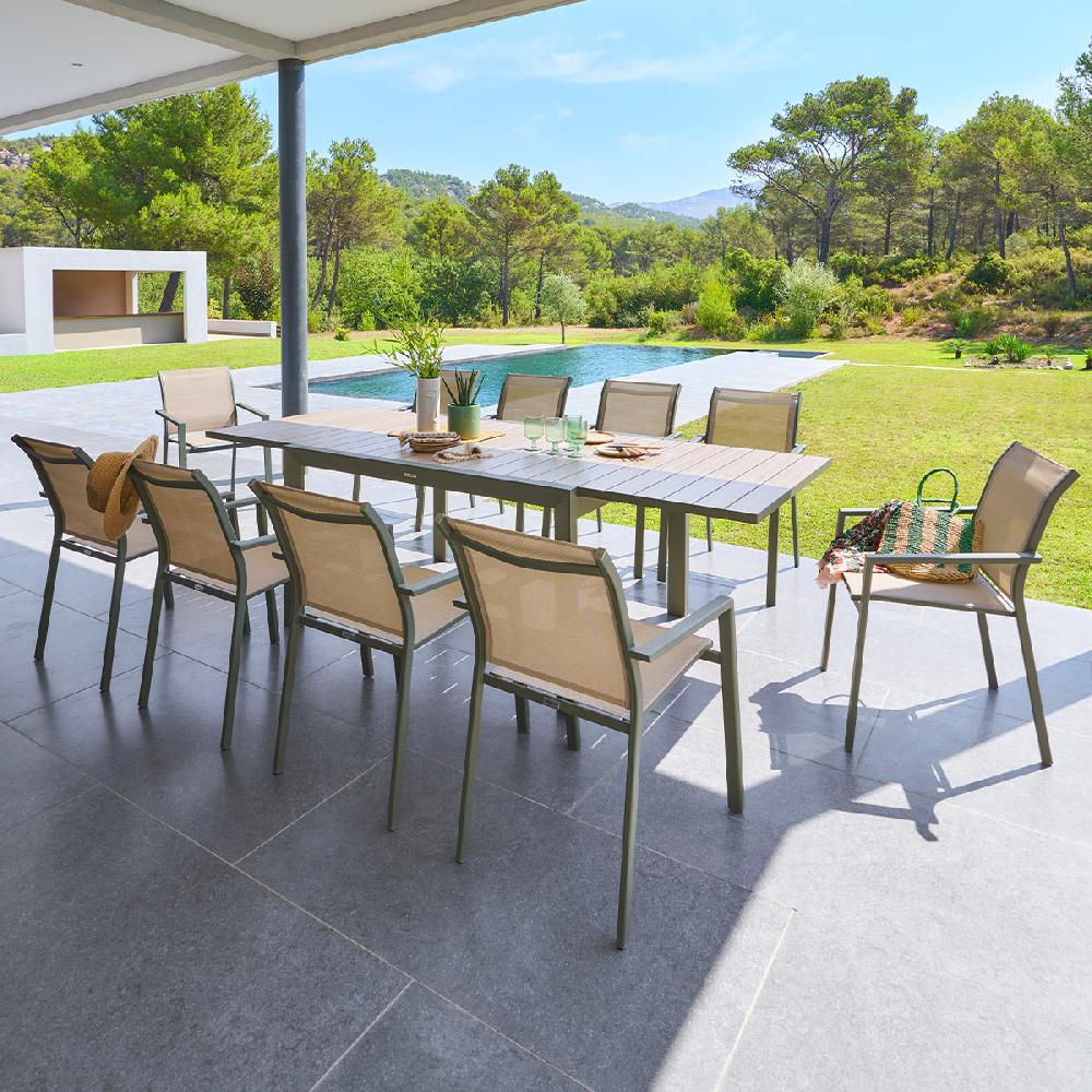 Hesperide Ensemble Table De Jardin Extensible ÉVASION + 10 Fauteuils Empilables ESSENTIA Laurier & Lin