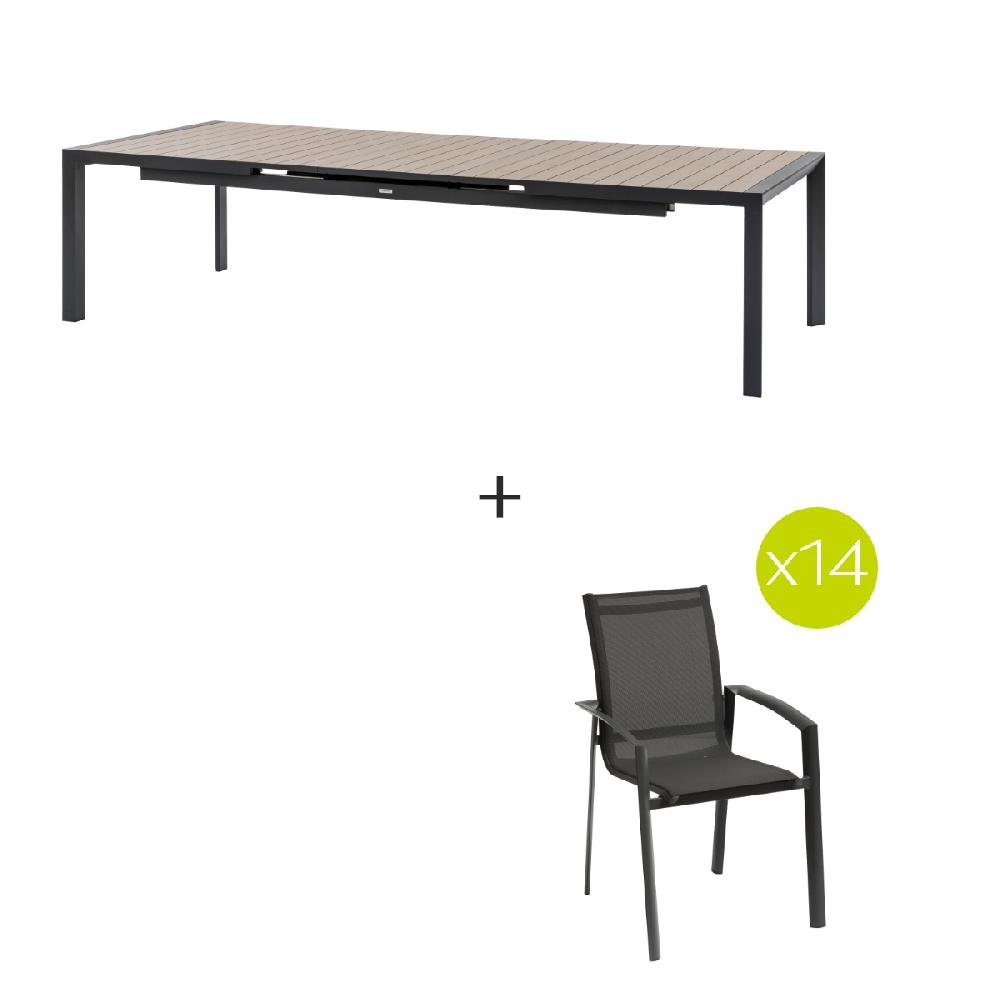 hesperide Ensemble table de jardin extensible ÉVASION + 14 fauteuils empilables AXANT Graphite