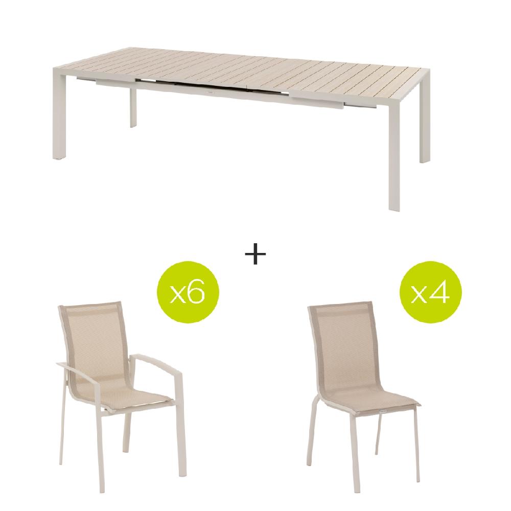hesperide Ensemble table de jardin extensible ÉVASION + 6 fauteuils et 4 chaises AXANT Lin & Argile