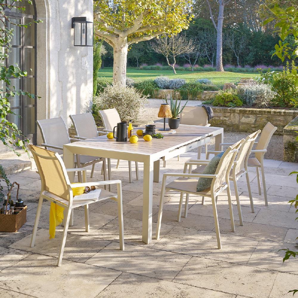 hesperide Ensemble table de jardin extensible ÉVASION + 8 fauteuils empilables ESSENTIA Lin & Argile