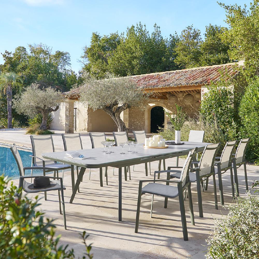 Hesperide Ensemble Table De Jardin Extensible PULPY + 12 Fauteuils Empilables AXANT Laurier