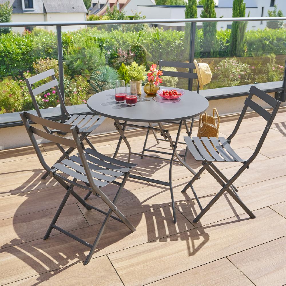hesperide Ensemble table de jardin ronde + 4 chaises empilables GREENSBORO Graphite