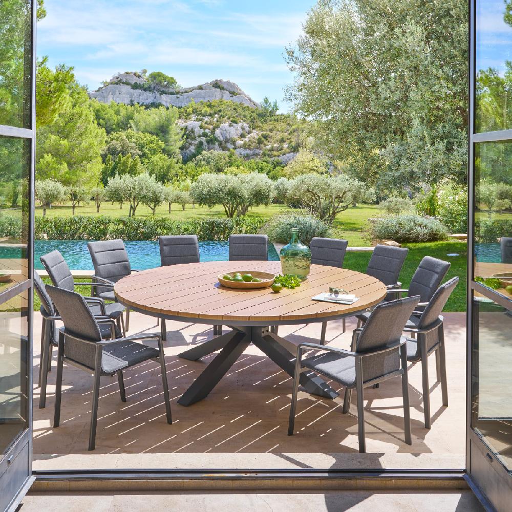 hesperide Ensemble table de jardin ronde ORACLION + 12 fauteuils empilables DIESE Graphite