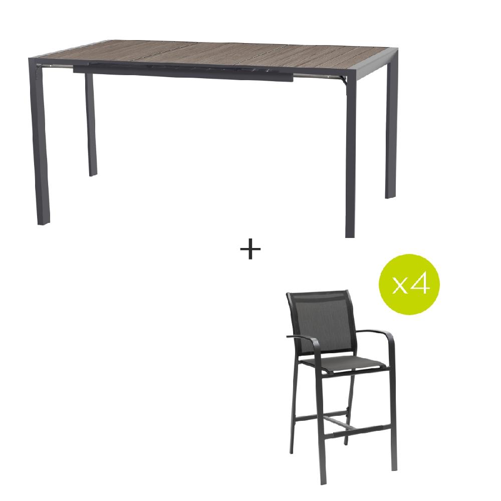 Hesperide Ensemble Table Haute Extensible ÉVASION + 4 Fauteuils Hauts ESSENTIA Graphite