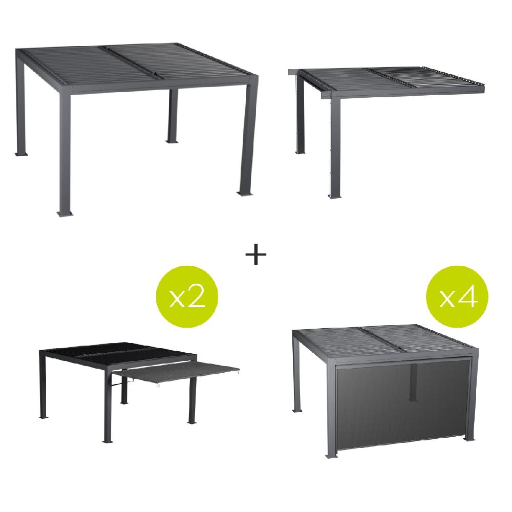 hesperide Pergola MAJAÉ + 1 extension latérale + 4 stores + 2 auvents