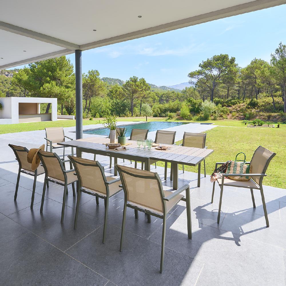 hesperide Table de jardin extensible coulissante ÉVASION Effet bois Lin & Vert laurier