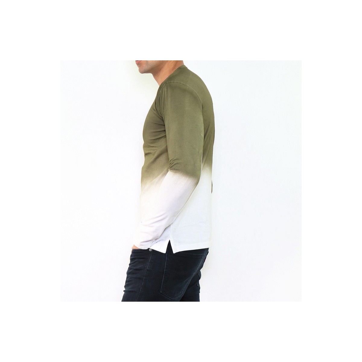 Hopenlife T-shirt Manche Longue Col V KALIKOTE Vert Kaki
