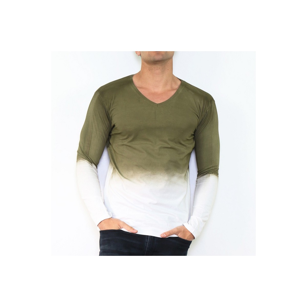 hopenlife T-shirt manche longue col V KALIKOTE Vert kaki